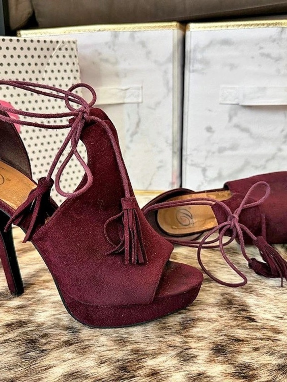 Suede Lace-Up Peep Toe Platform Heels with Tassel Ties